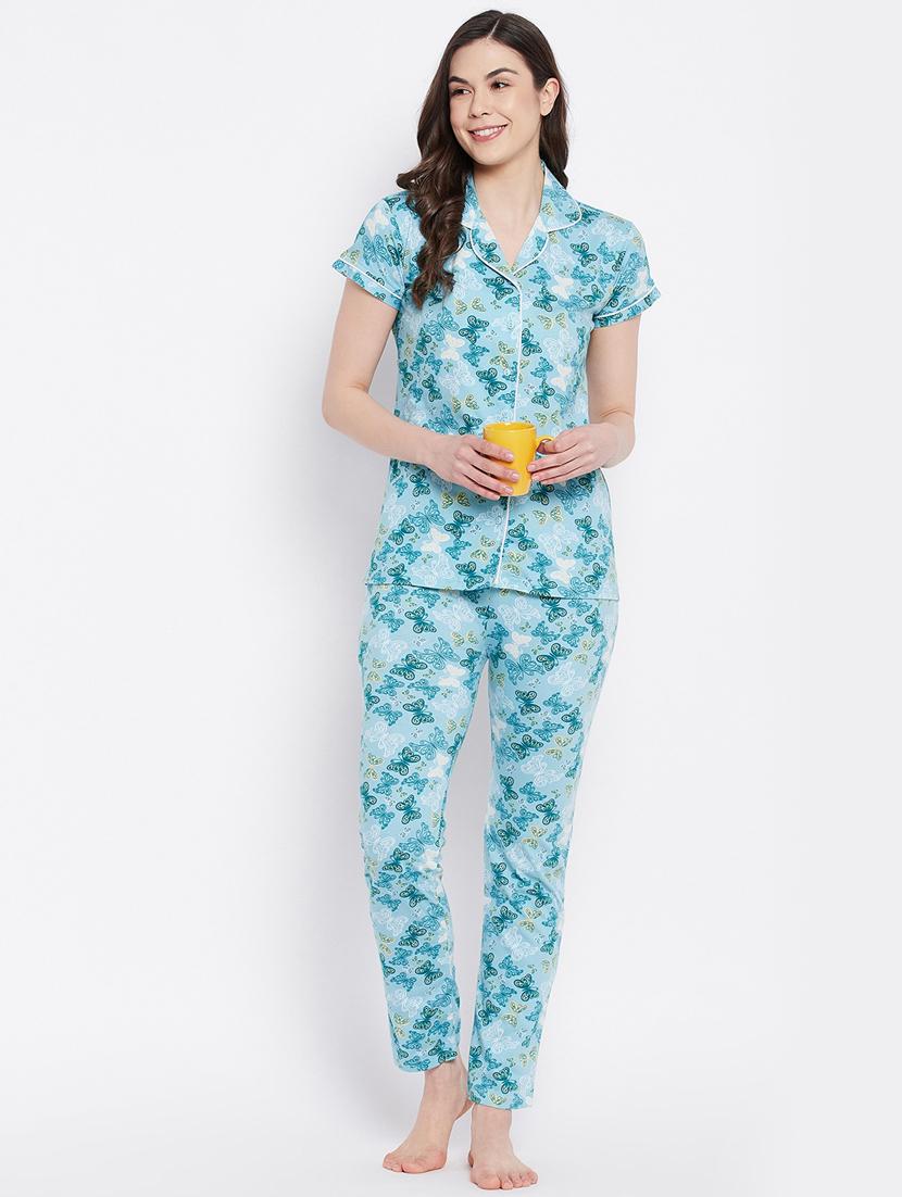 shirt collar printed nightwear pajama set - 18289845 - Zoom Image - 0
