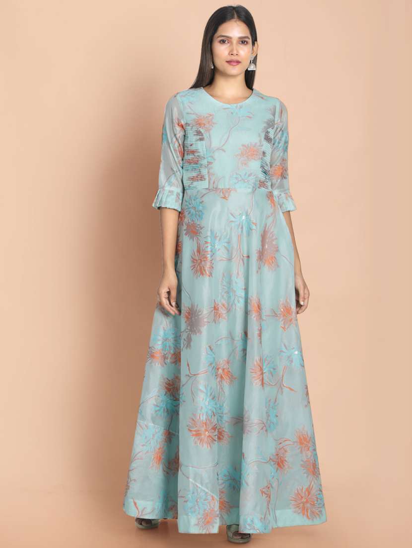 blue printed a-line gown