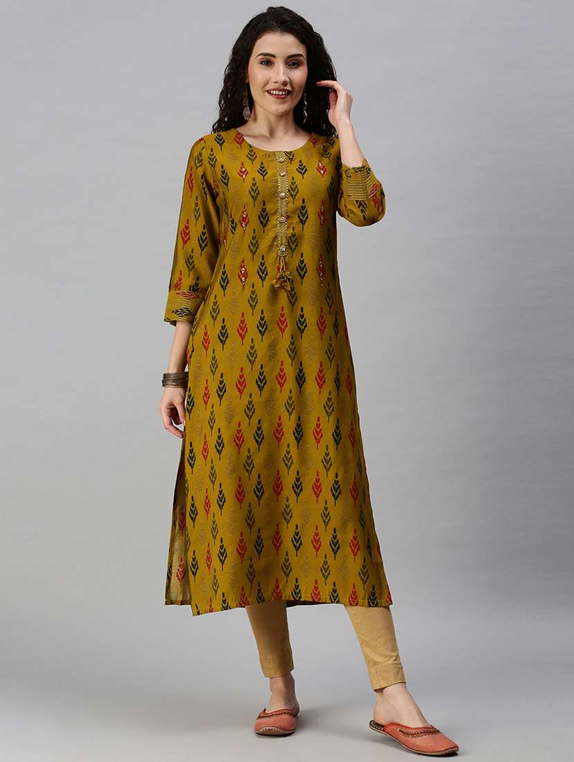 mustard silk blend straight kurta