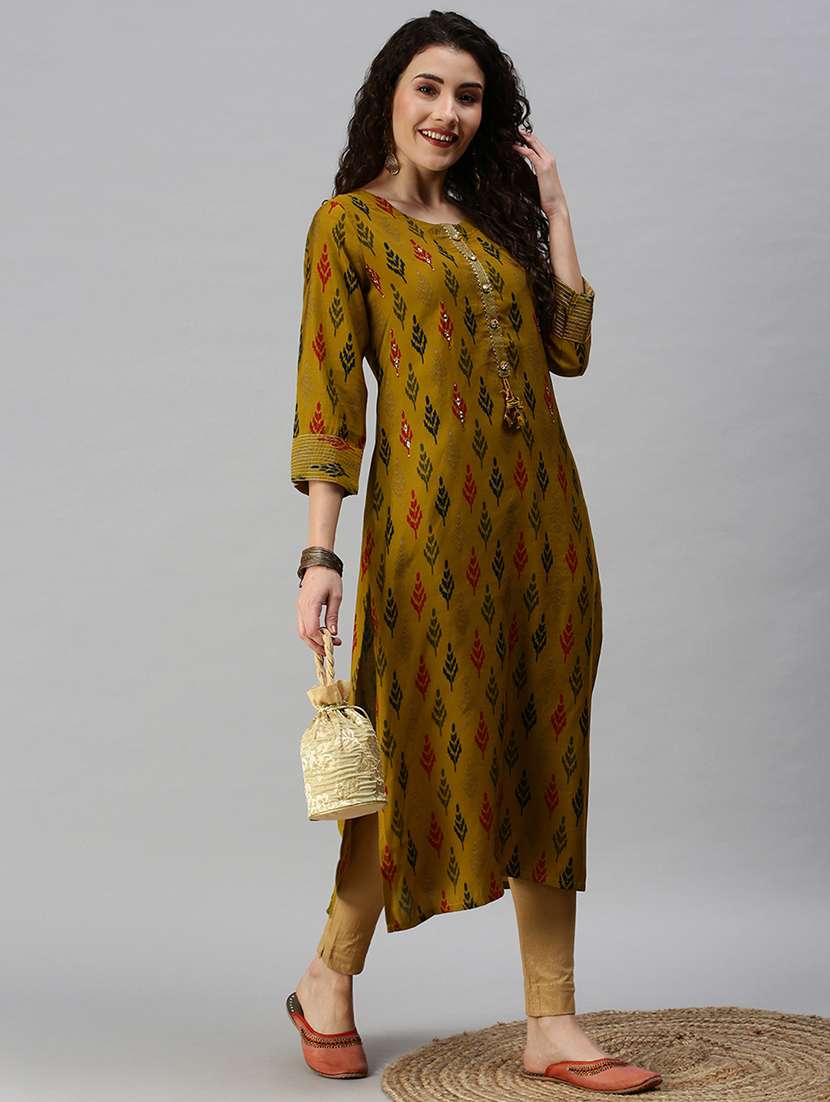 mustard silk blend straight kurta - 18292916 -  Standard Image - 3