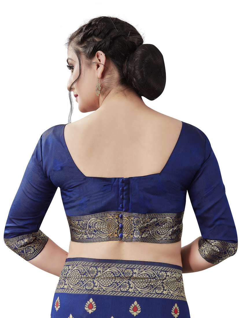 navy silk blend kanjivaram saree with blouse - 18293265 -  Standard Image - 3