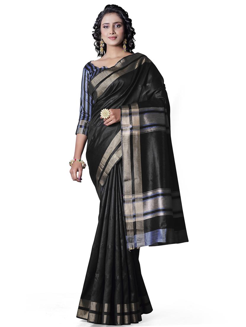 black silk blend banarasi saree with blouse - 18293269 - Zoom Image - 0