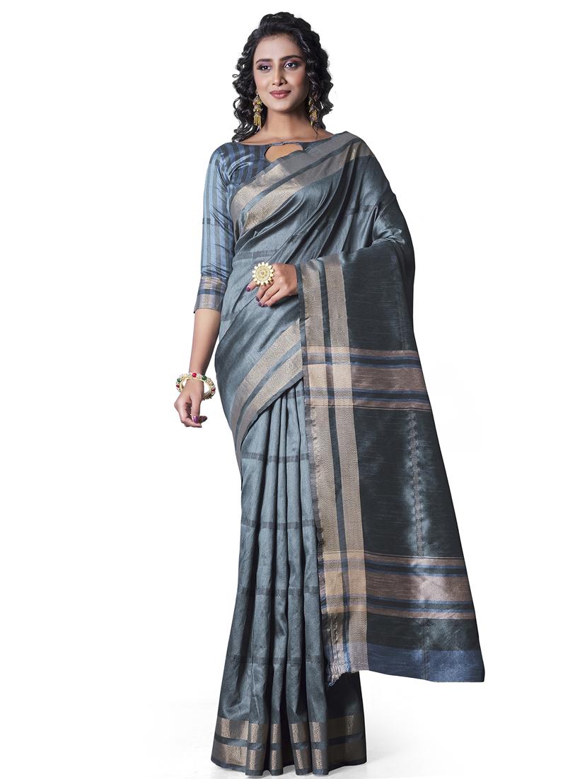 grey silk blend banarasi saree with blouse - 18293271 -  Zoom Image - 0