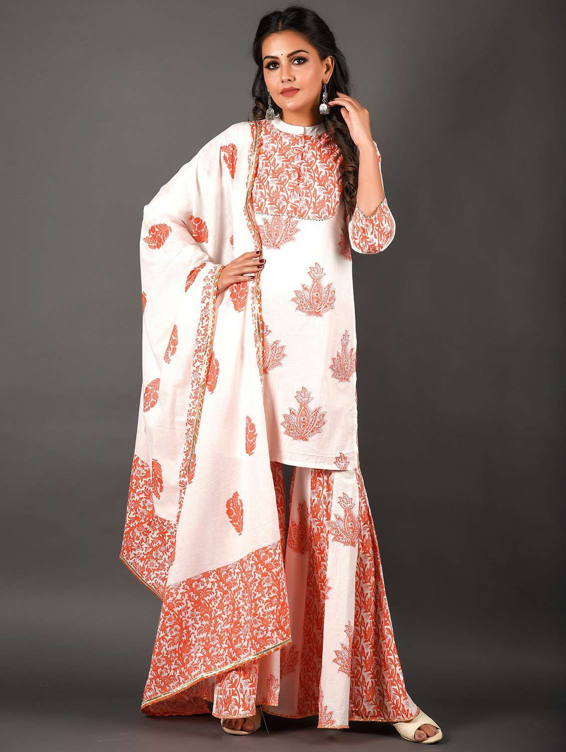 women three quarter sleeve kurta sharara with dupatta set