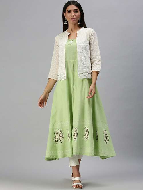 green linen with jacket kurta - 18294558 - Standard Image - 0
