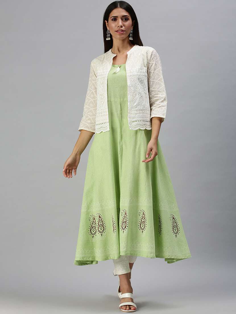 green linen with jacket kurta - 18294558 - Zoom Image - 0