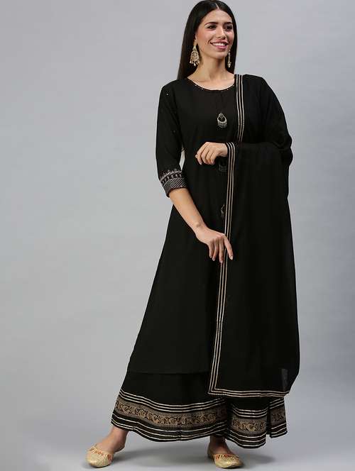 women black solid kurta palazzo set with dupatta - 18294881 -  Standard Image - 0