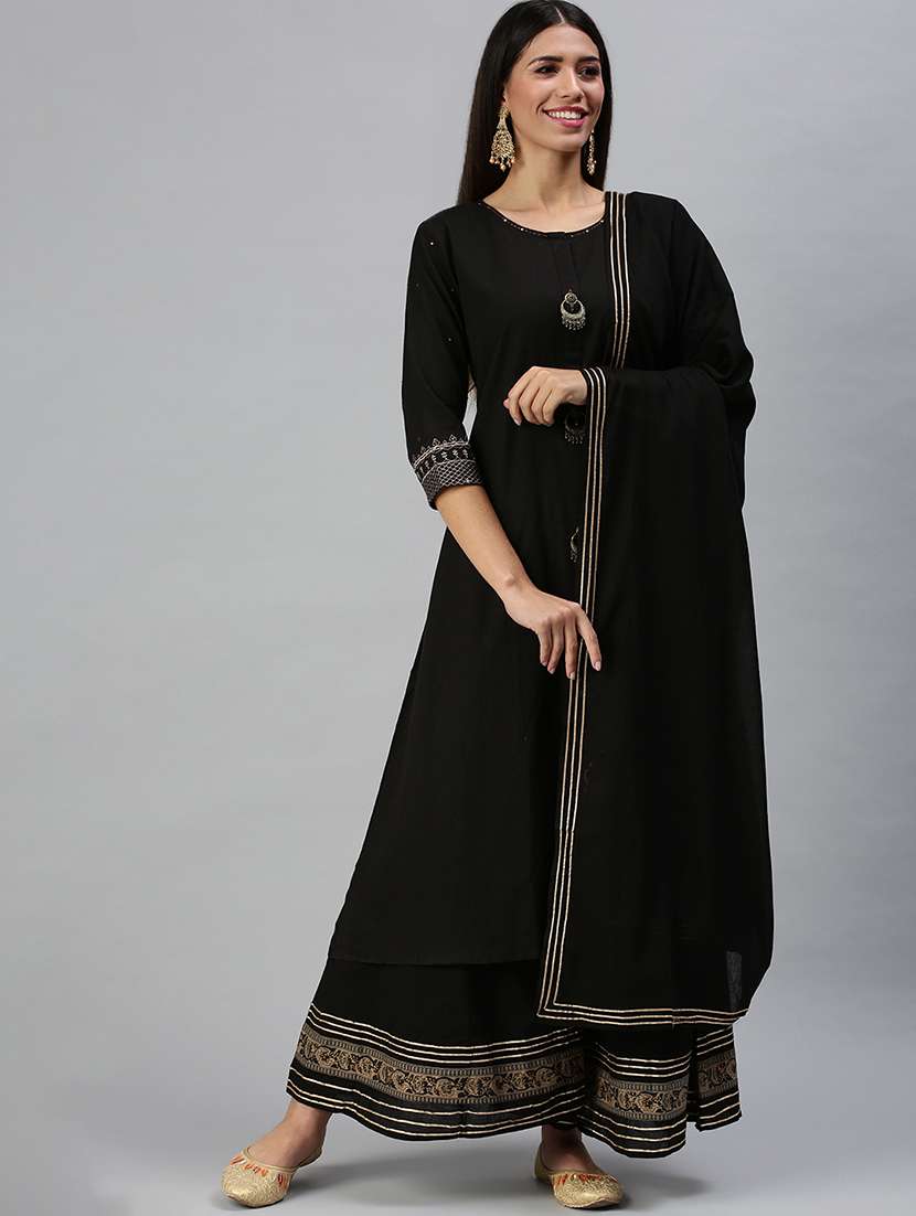 women black solid kurta palazzo set with dupatta