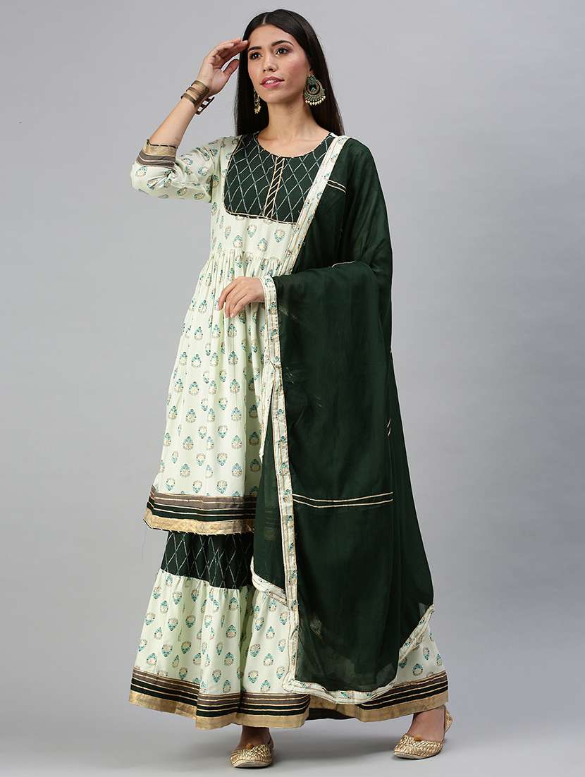 women printed kurta sharara set with dupatta