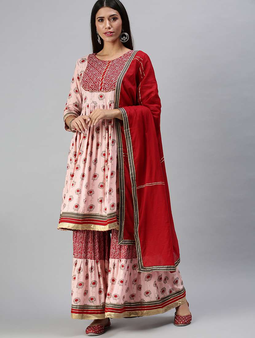 Women Floral Round Neck Kurta Sharara Set With Dupatta