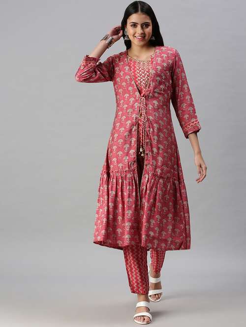 women printed top pants set with shrug - 18294926 - Standard Image - 0