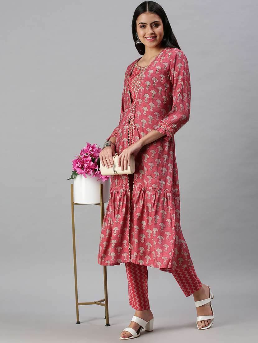 women printed top pants set with shrug - 18294926 - Standard Image - 3