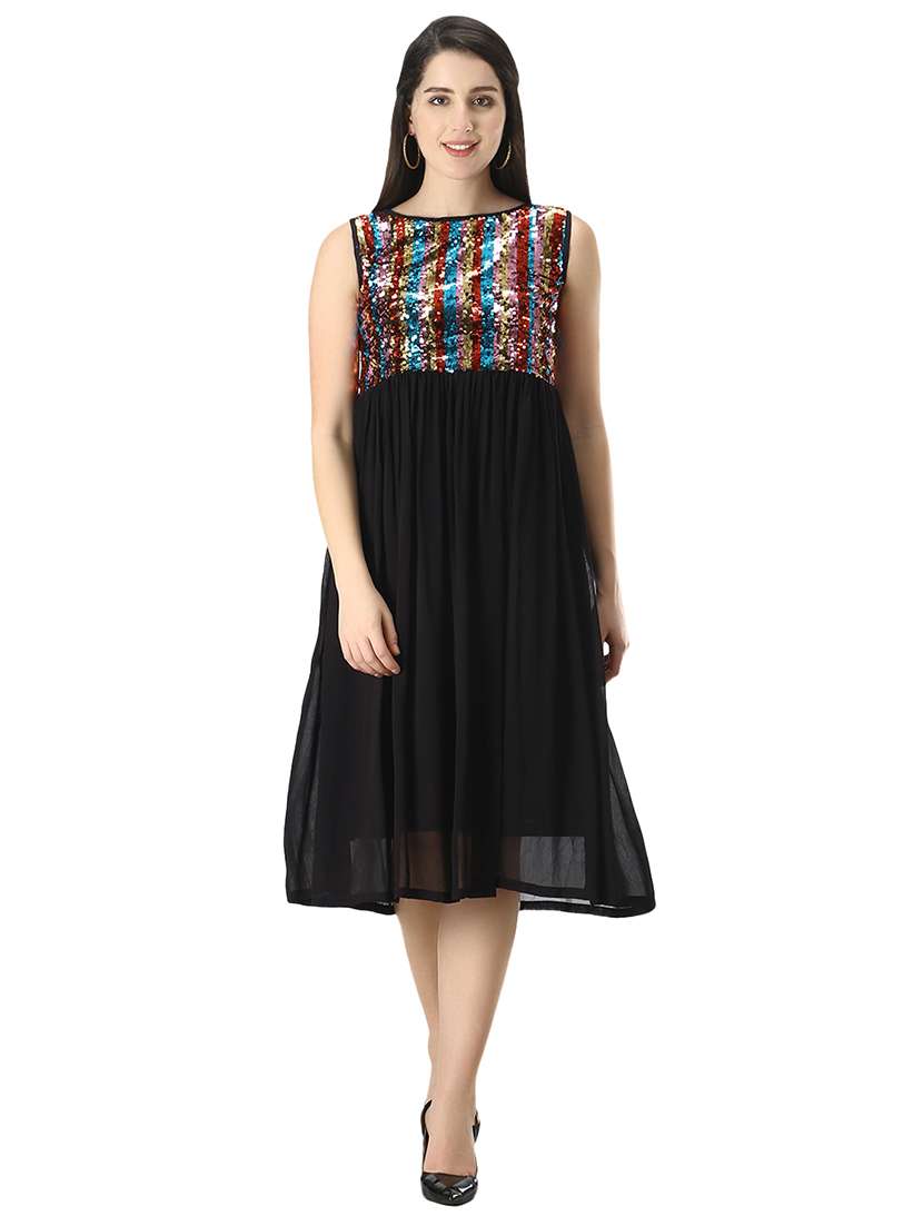 black sequin fit and flare dress