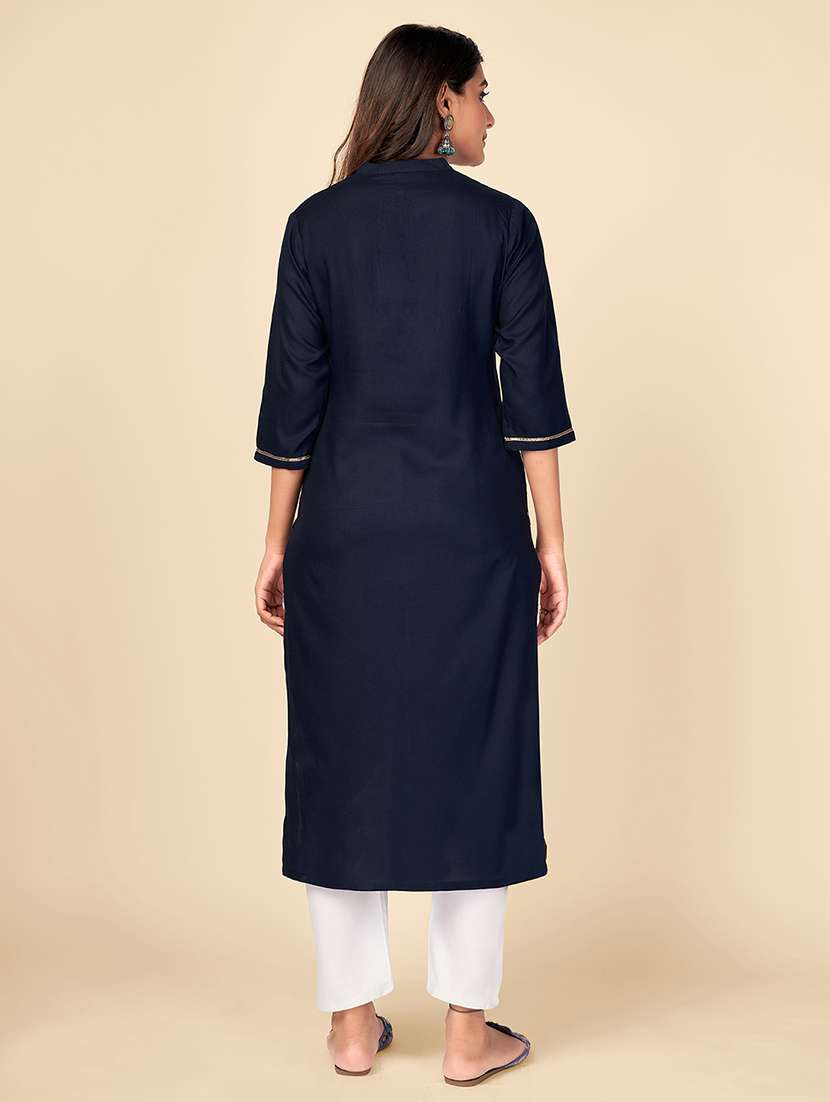 navy rayon straight kurta - 18298136 -  Standard Image - 3