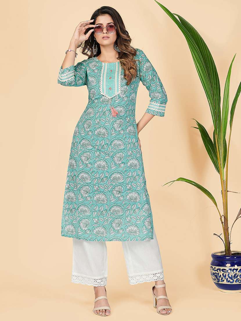 turquoise cotton straight kurta - 18298148 -  Standard Image - 3