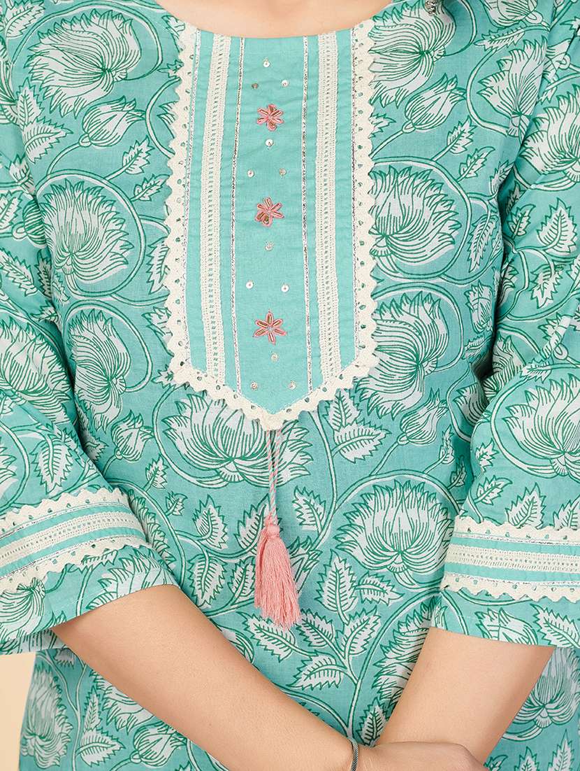 turquoise cotton straight kurta - 18298148 -  Standard Image - 5