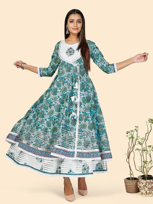 turquoise cotton anarkali kurta - 18298240 - Standard Image - 0