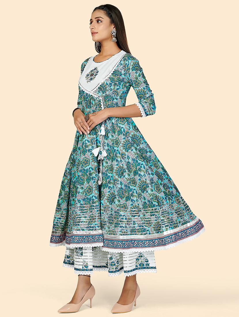 turquoise cotton anarkali kurta - 18298240 - Standard Image - 3