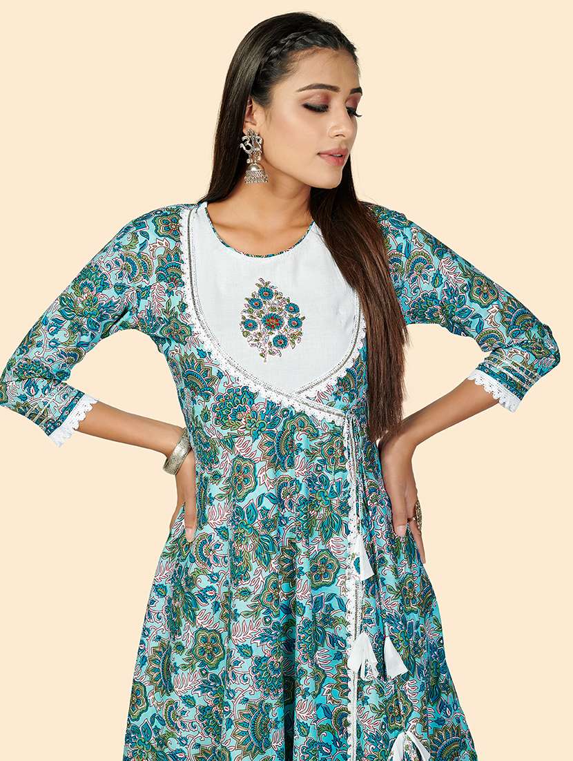 turquoise cotton anarkali kurta - 18298240 - Standard Image - 5