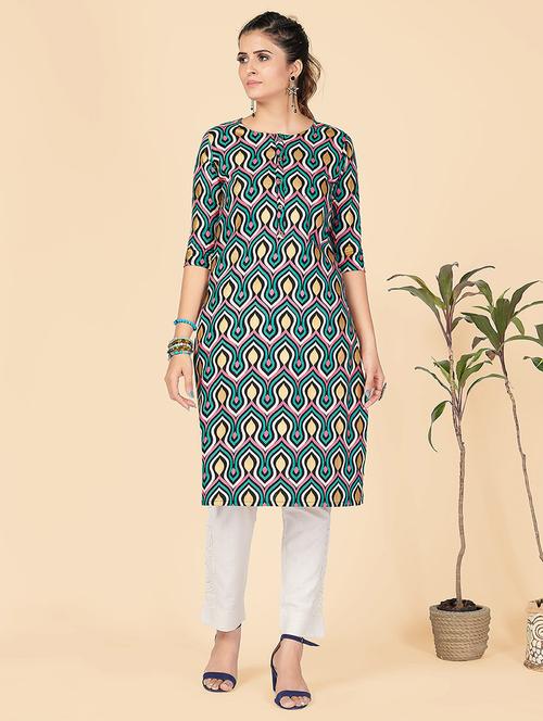 turquoise printed straight kurta - 18298330 -  Standard Image - 0