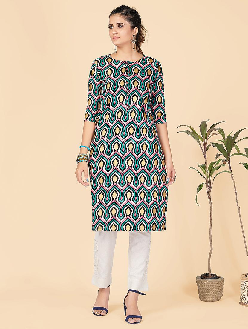 turquoise printed straight kurta - 18298330 -  Zoom Image - 0