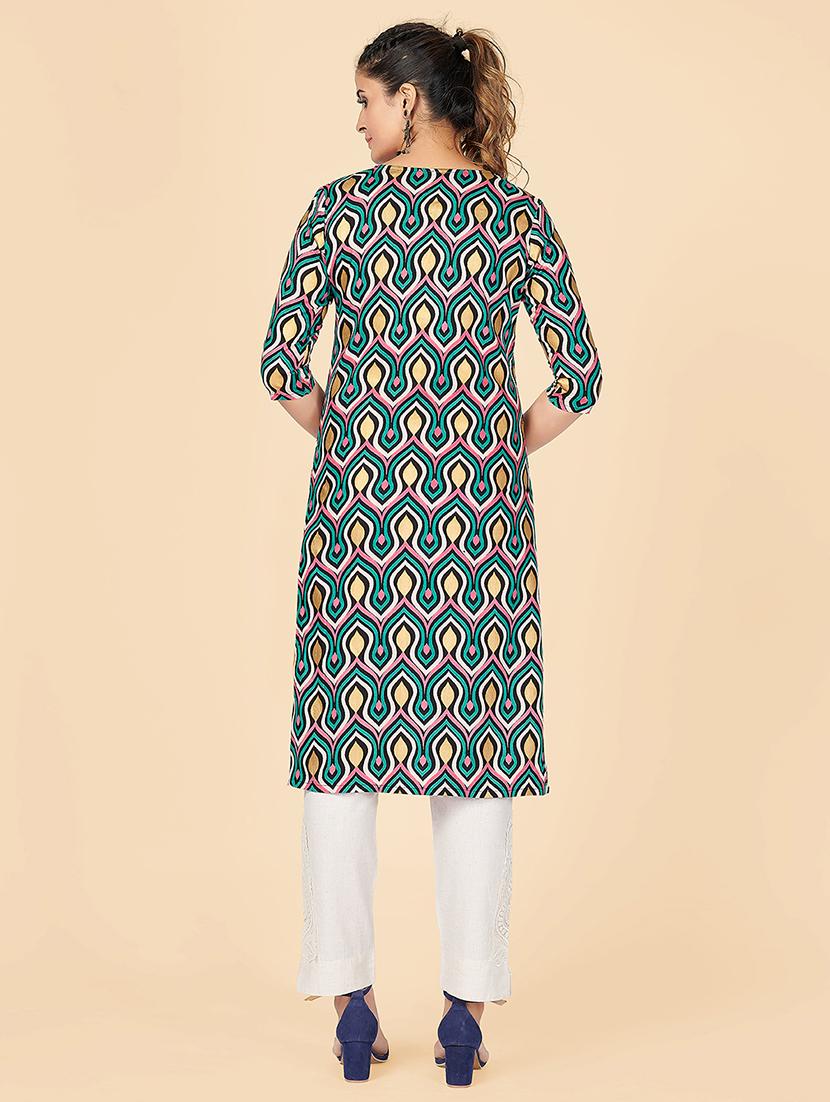 turquoise printed straight kurta - 18298330 - Standard Image - 3