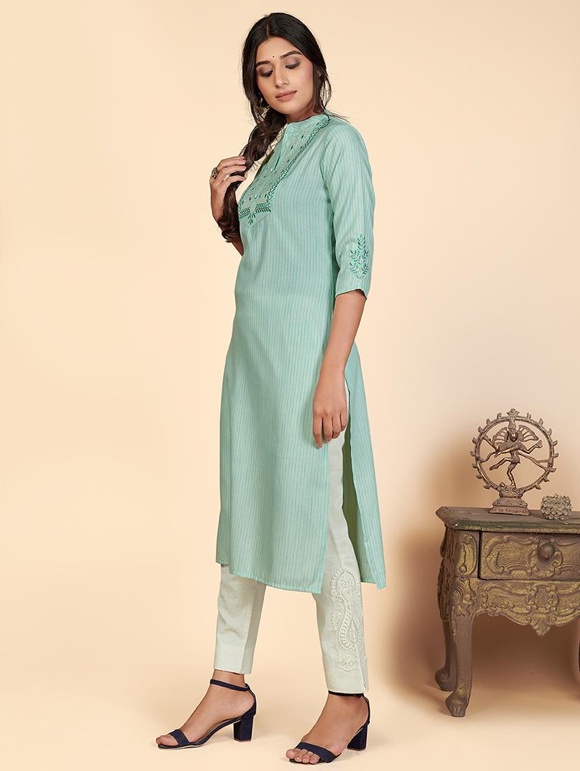 turquoise solid straight kurta - 18298348 - Standard Image - 3