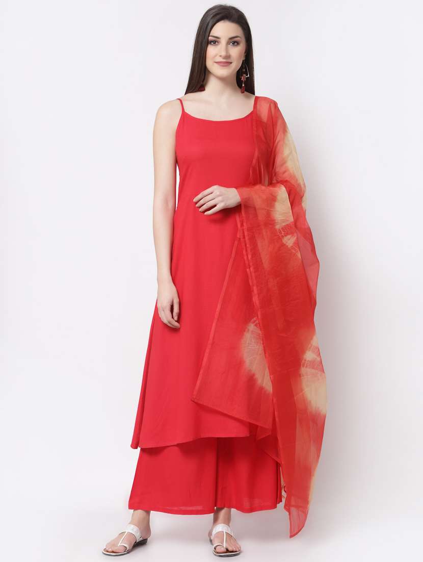 red kurta palazzo set with dupatta - 18299465 -  Standard Image - 3