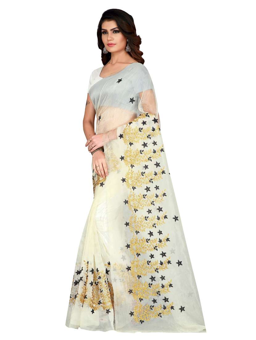 white embroidered saree with blouse - 18299657 -  Zoom Image - 0
