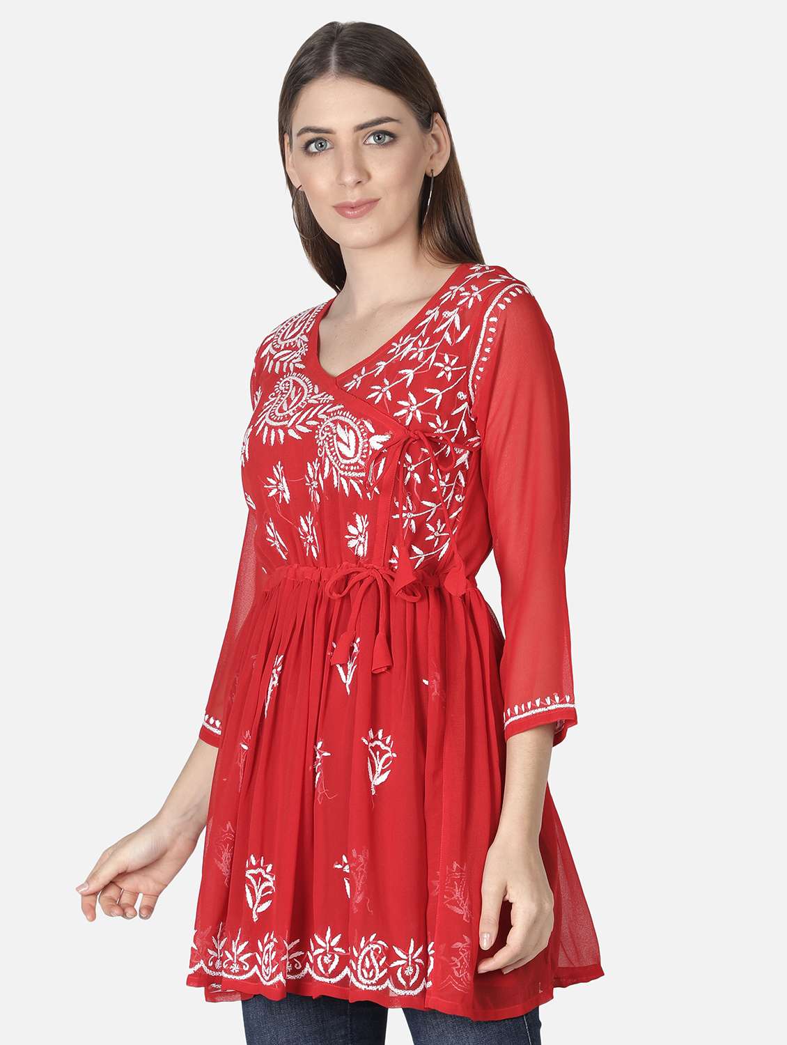 Women Overlap Neck Red Chikankari Kurti