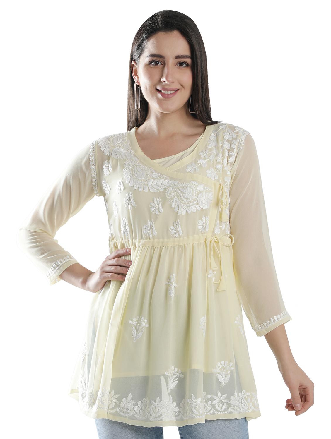 yellow chikankari flared kurti - 18303780 - Zoom Image - 0