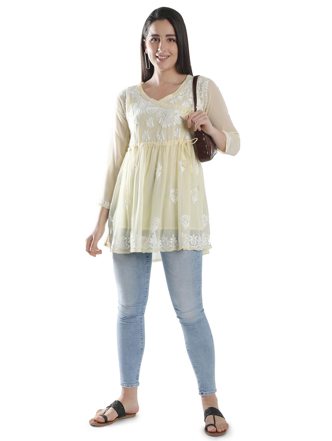 yellow chikankari flared kurti - 18303780 - Standard Image - 5