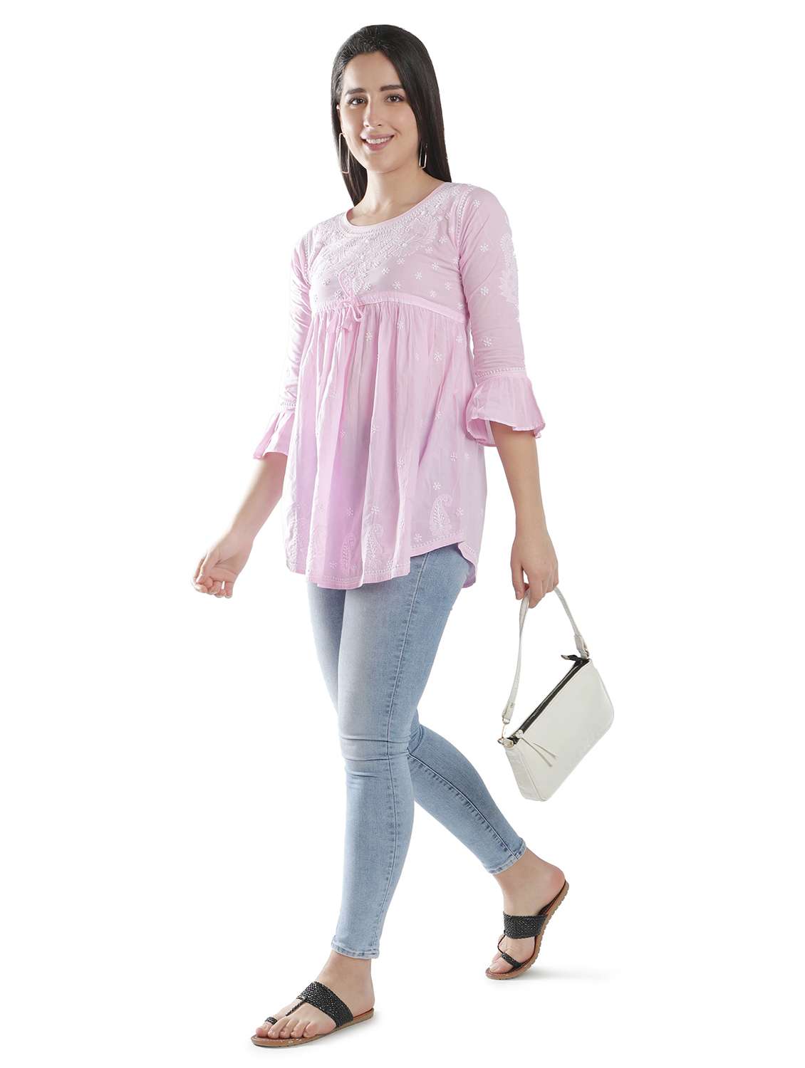 pink chikankari flared kurti - 18303794 -  Standard Image - 5