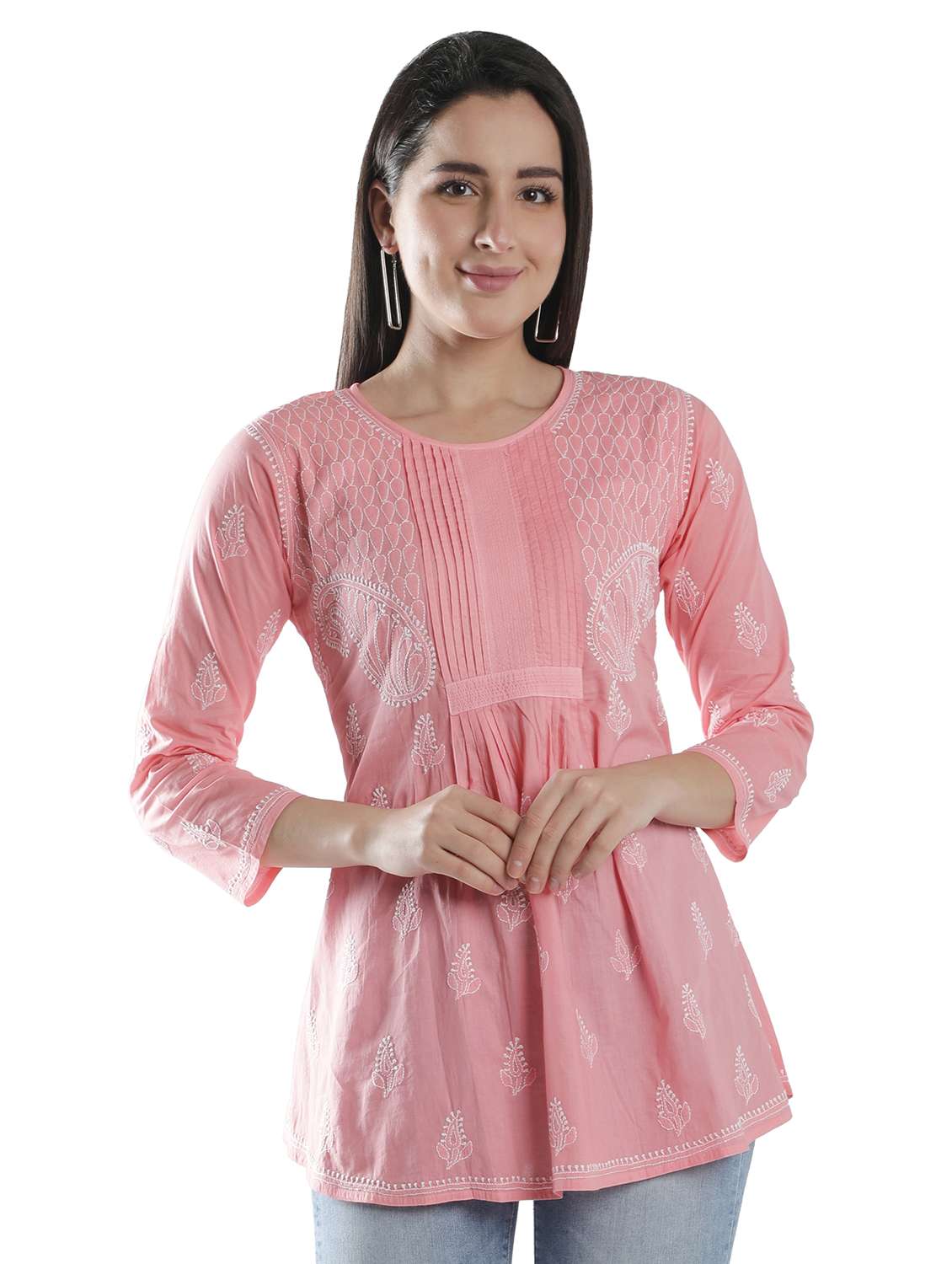 peach chikankari a-line kurti - 18303803 - Zoom Image - 0