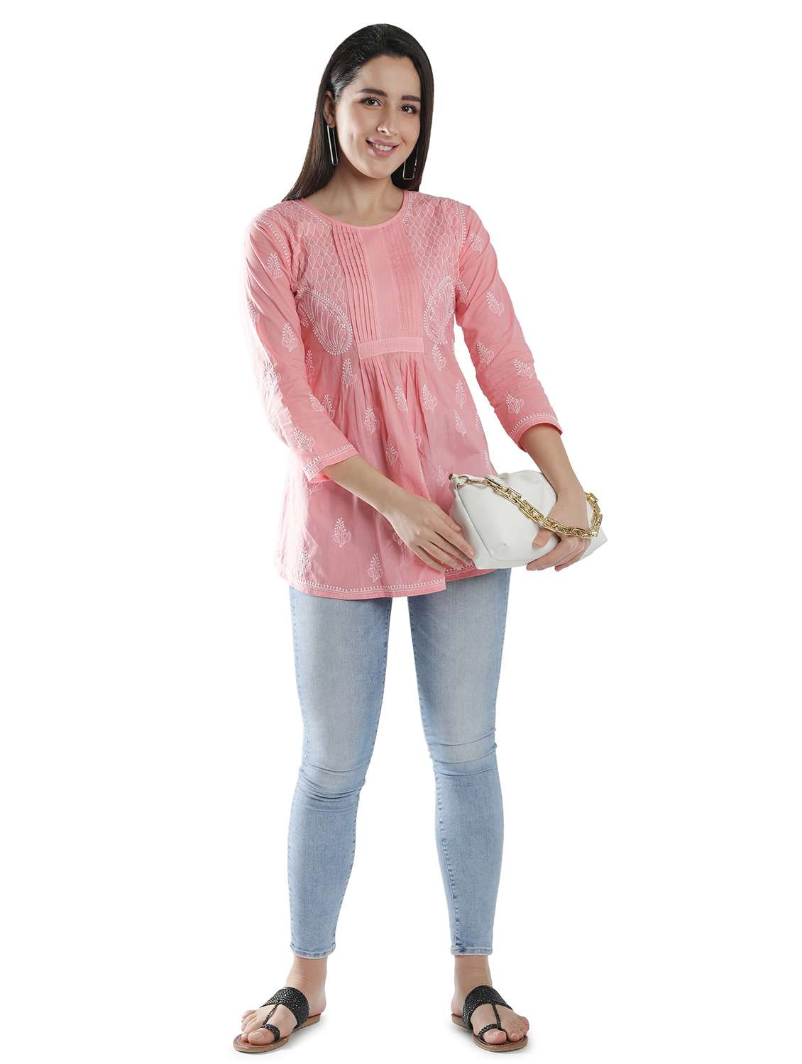 peach chikankari a-line kurti - 18303803 - Standard Image - 5