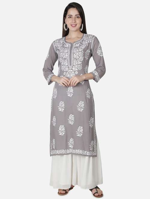 grey chikankari straight kurta - 18304822 -  Standard Image - 0