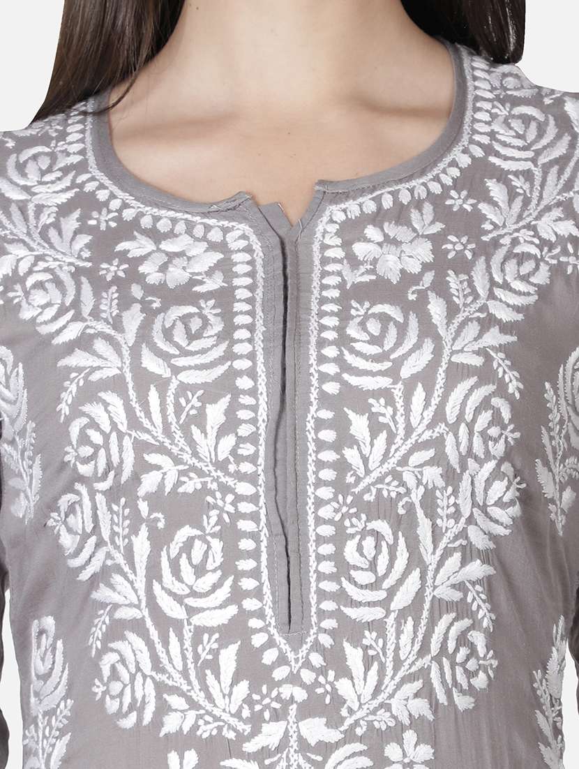 grey chikankari straight kurta - 18304822 -  Standard Image - 5