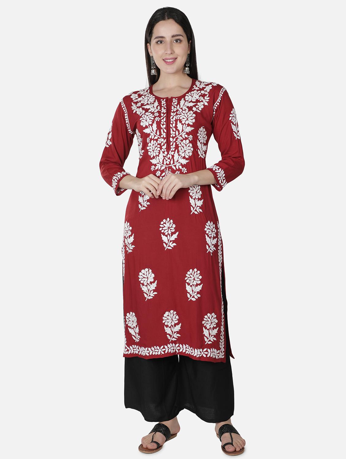 maroon chikankari straight kurta - 18304826 - Zoom Image - 0