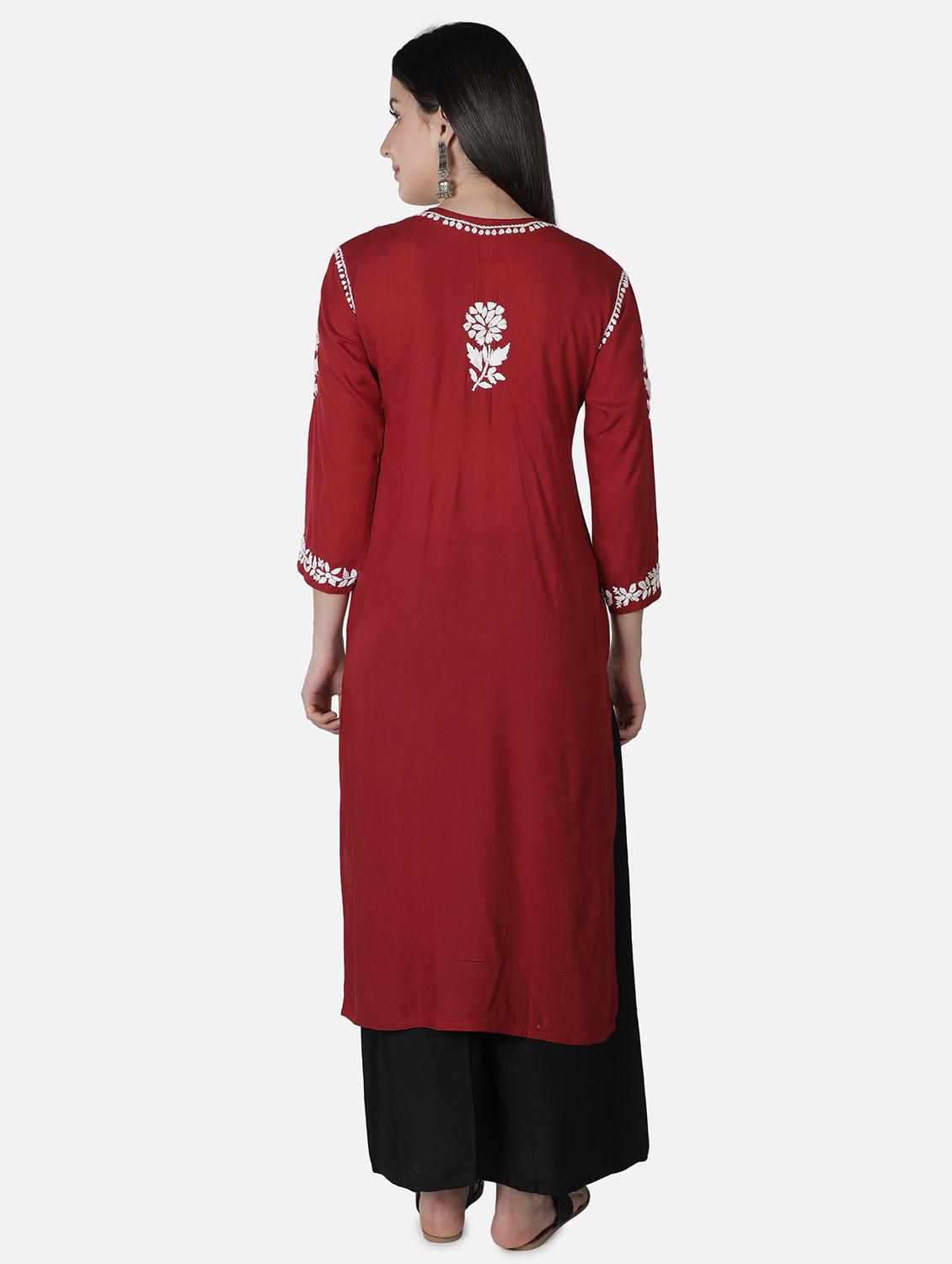 maroon chikankari straight kurta - 18304826 - Standard Image - 3