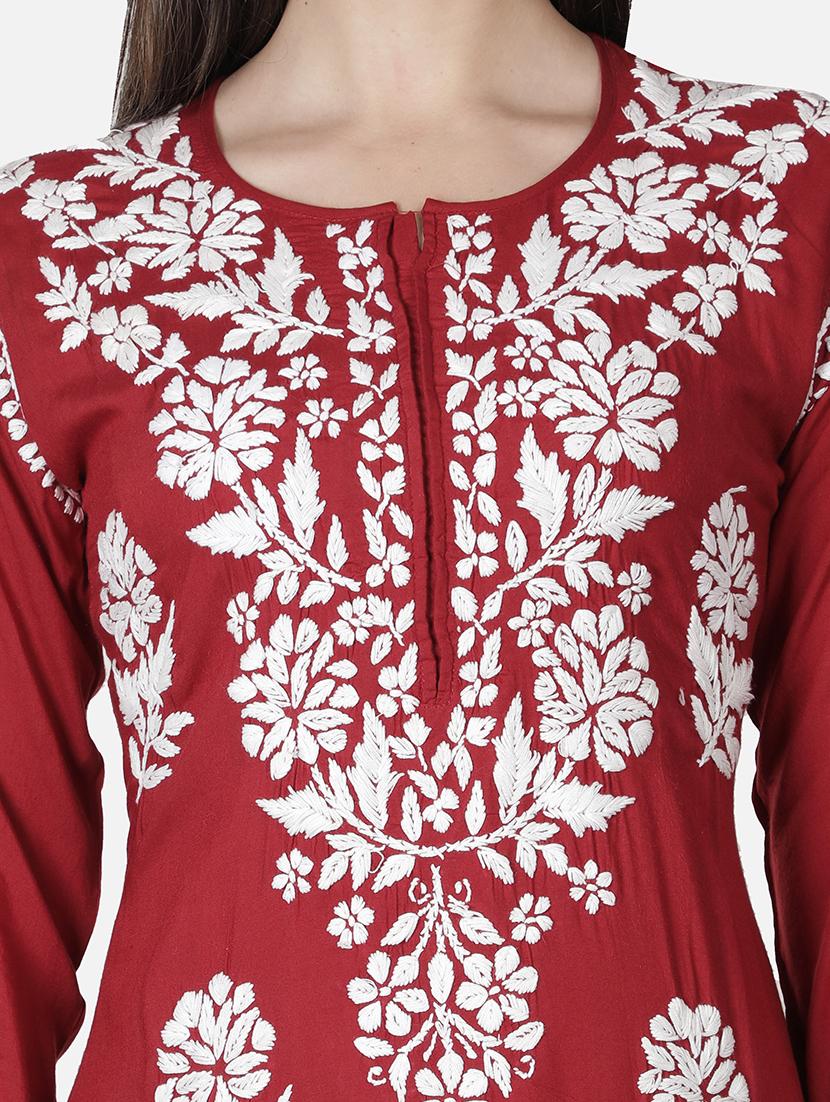 maroon chikankari straight kurta - 18304826 - Standard Image - 5