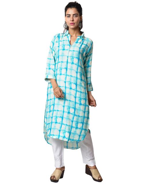 turquoise checked straight kurta - 18305278 - Standard Image - 0