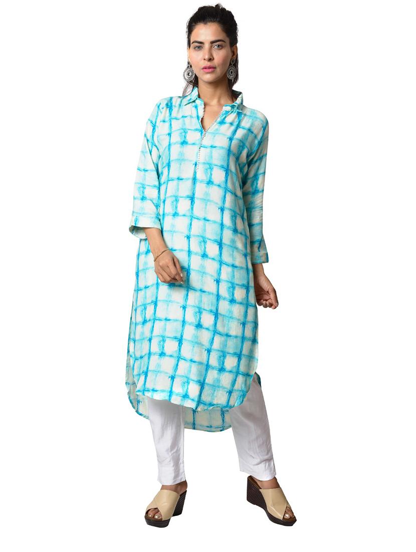 turquoise checked straight kurta - 18305278 - Zoom Image - 0