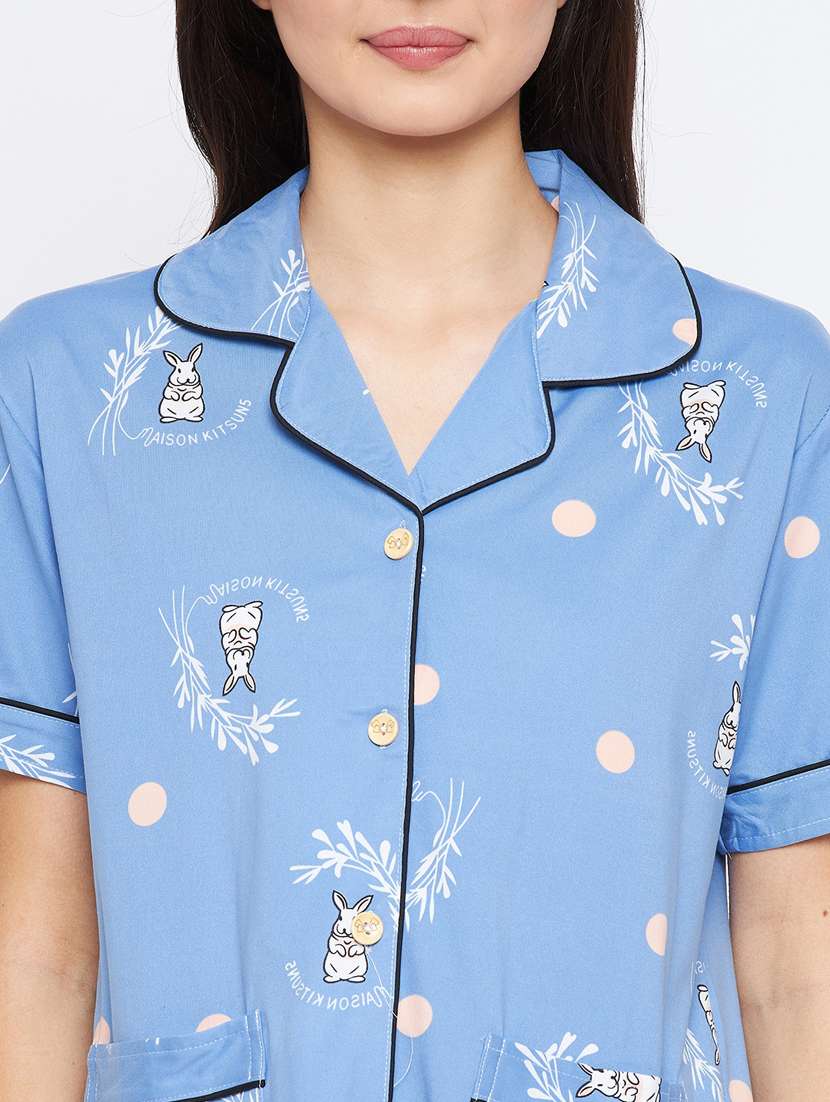 shirt collar printed nightwear pajama set - 18305834 -  Standard Image - 3