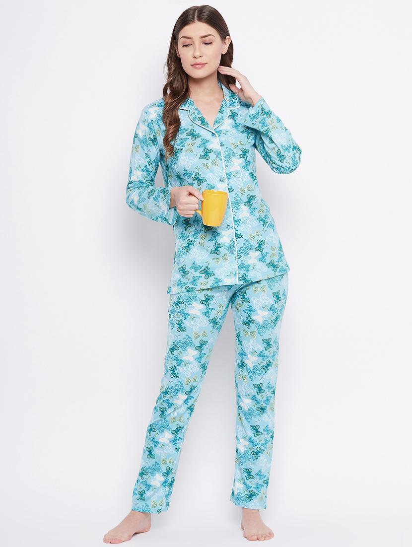 shirt collar printed nightwear pajama set - 18305852 - Zoom Image - 0