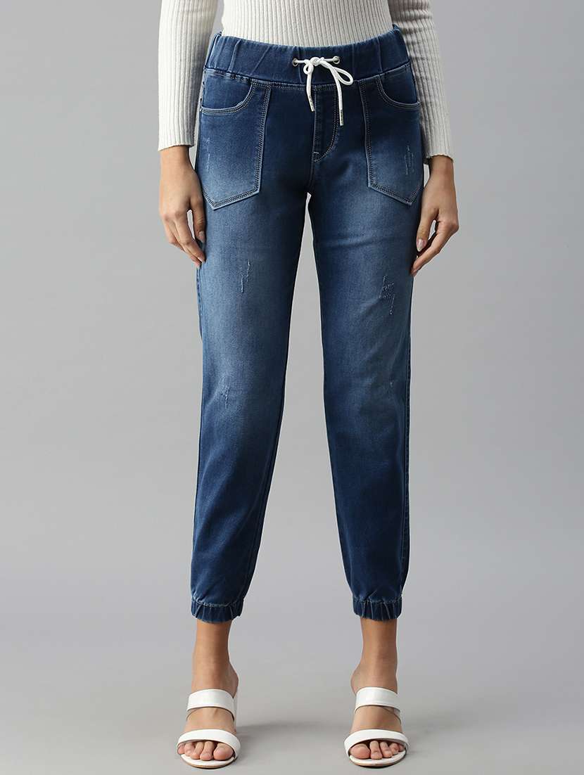 women plain blue jogger fit jeans