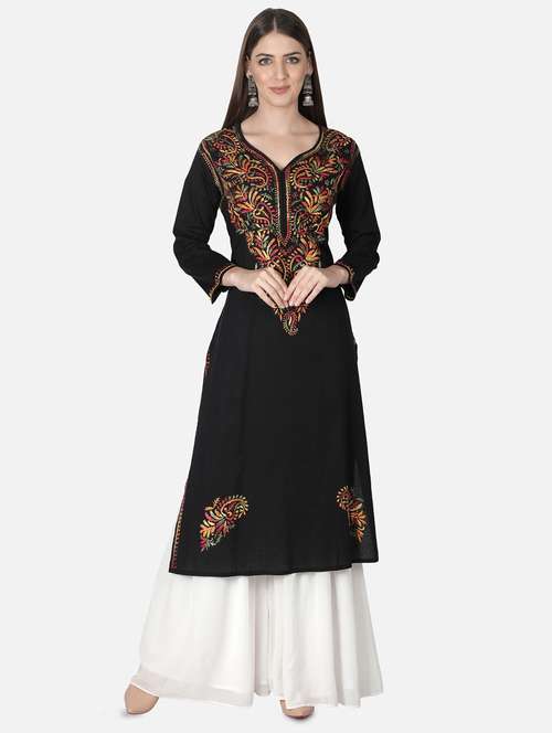 black chikankari straight kurta - 18306951 - Standard Image - 0