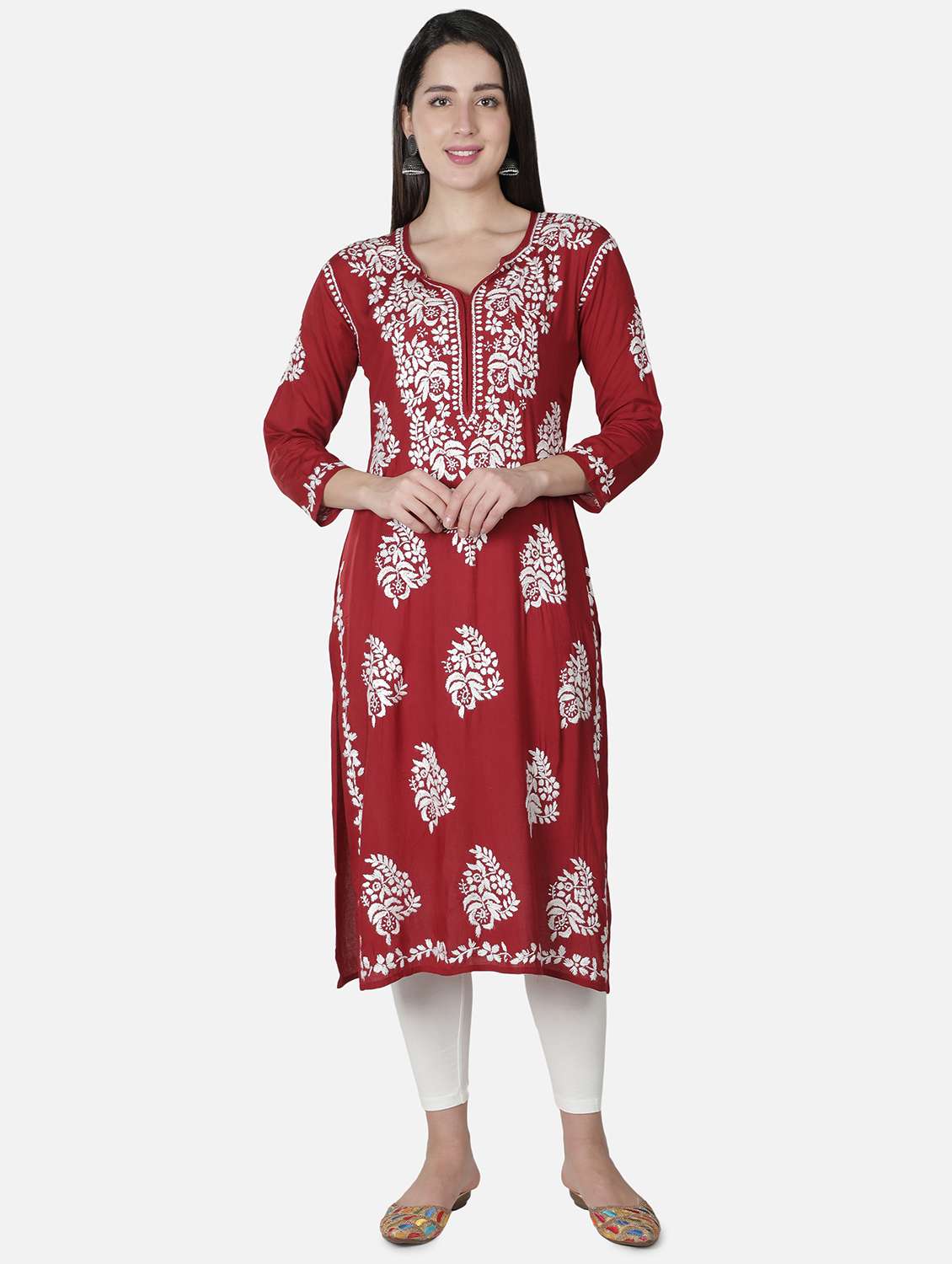 maroon chikankari straight kurta