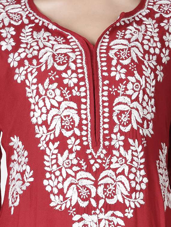 maroon chikankari straight kurta - 18306972 -  Standard Image - 3