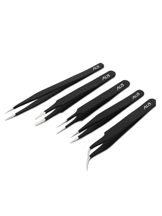 alis 5 nonmagnetic black tweezer set for electronics repair, soldering tweezer, crafting and jewelry tweezer set stainless steel - 18308105 - Zoom Image - 0