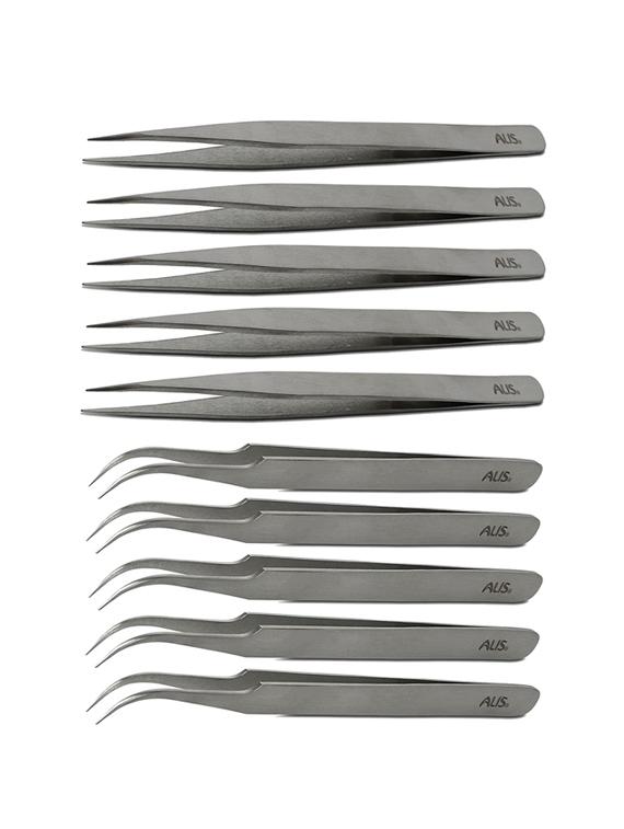 alis set of 10 non magnetic esd safe black coated tweezers - 5 straight & 5 curved (ss tweezers) - 18308124 - Zoom Image - 0